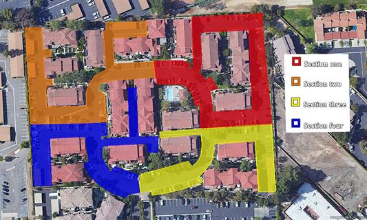 Map of Casa De Oaks showing each section, 1-4.